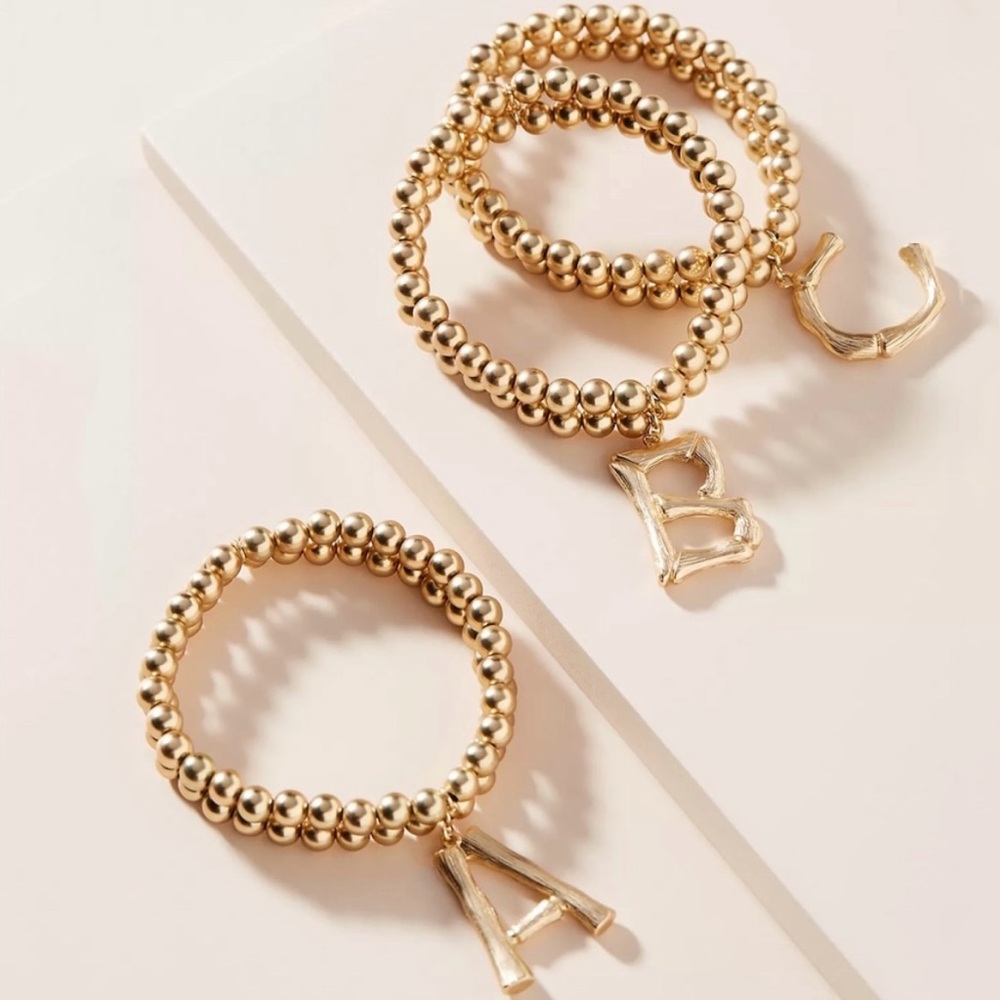Anthropologie Monogram Gold Beaded Charm Bracelets Letter E and C